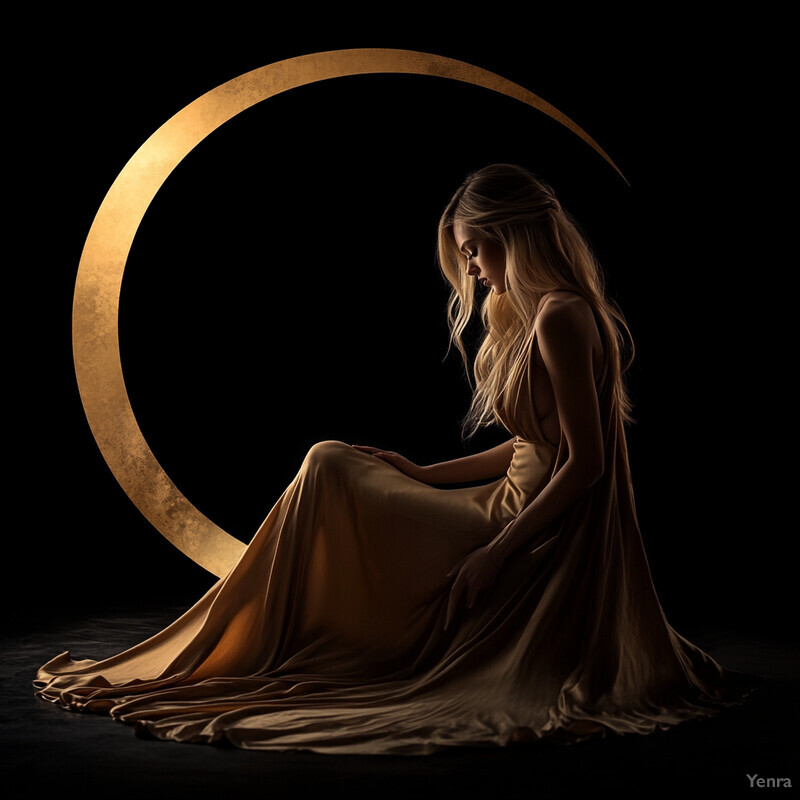 A woman sits in front of a golden crescent moon, exuding a sense of tranquility and wonder.