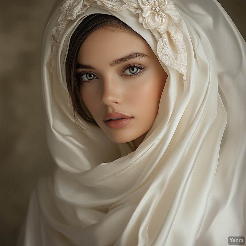 A woman with fair skin and brown hair wears a white headscarf or hijab, exuding elegance and poise.