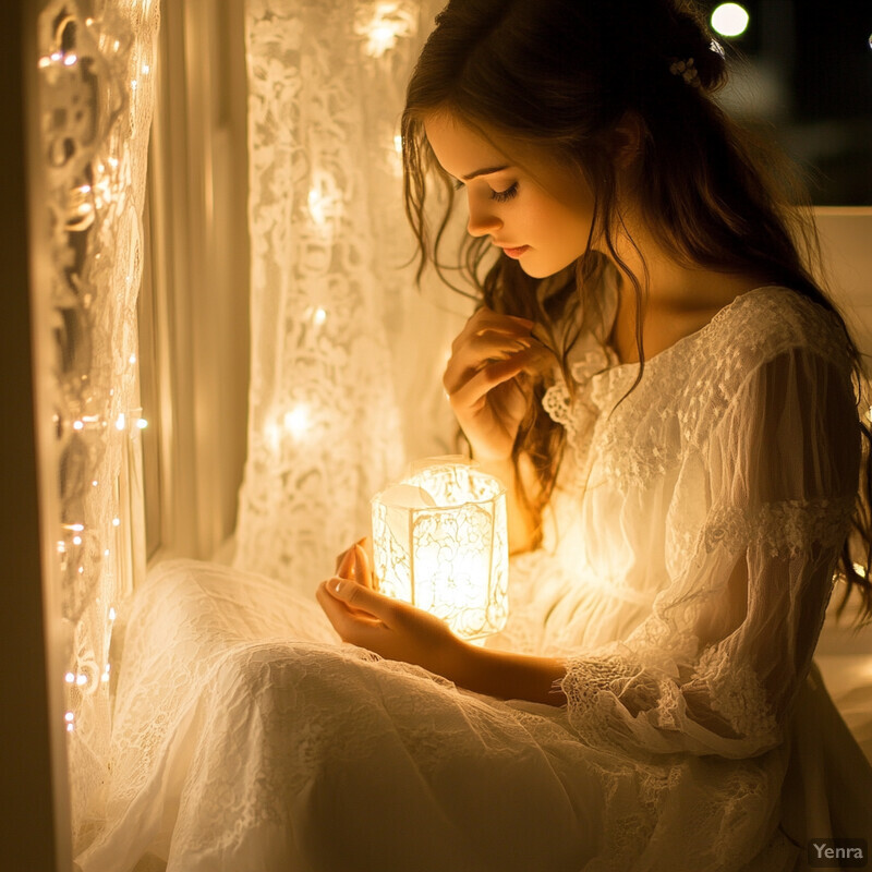 A young woman sits on the floor surrounded by soft luminaries, gazing at a small lantern.