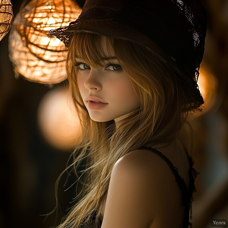 A woman in a black tank top and hat poses in a dimly lit room