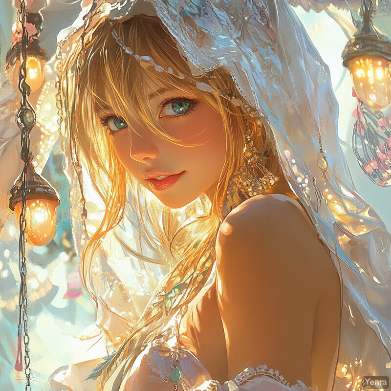 A young woman with long blonde hair and blue eyes surrounded by soft luminaries in a dreamy atmosphere.