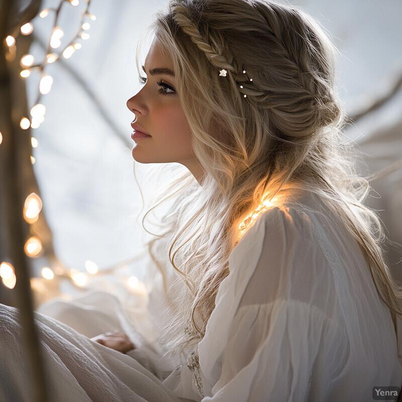 A serene and peaceful image of a woman with long blonde hair, surrounded by twinkling lights and bare tree branches.