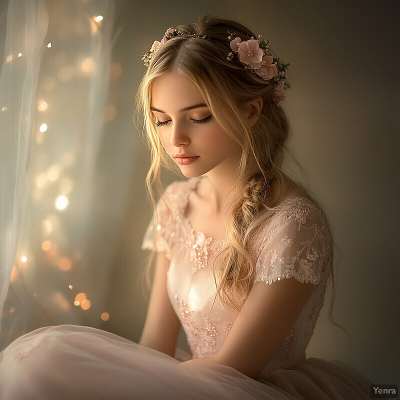 A young woman with long blonde hair and pink flowers in her hair sits in front of a window or door with sheer curtains, wearing a light-pink dress with lace sleeves and a floral pattern on the bodice.