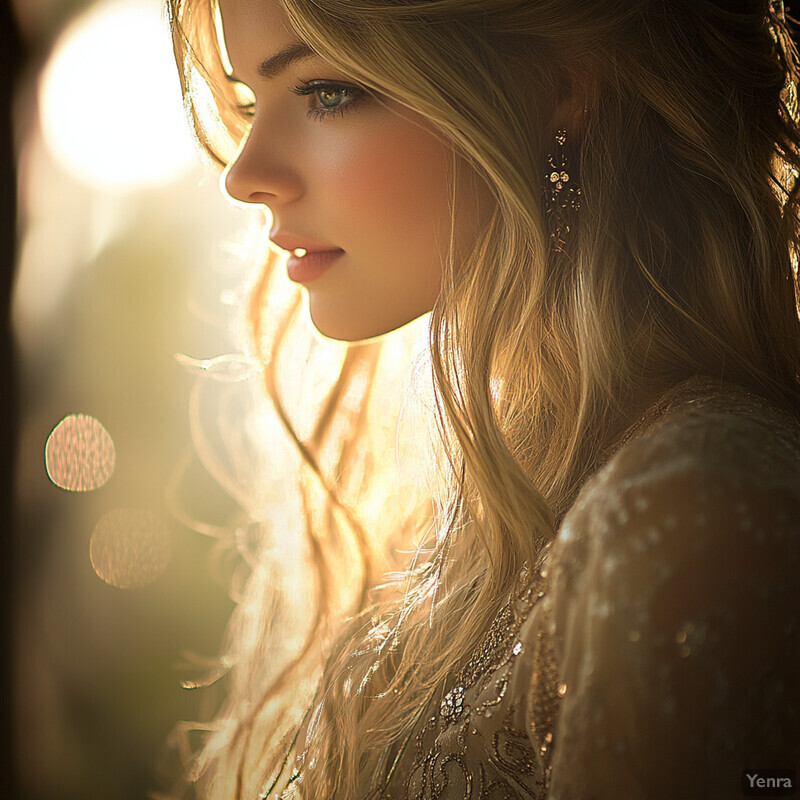 A woman with long blonde hair wears a gold dress and earrings, gazing to her left in a sophisticated portrait.