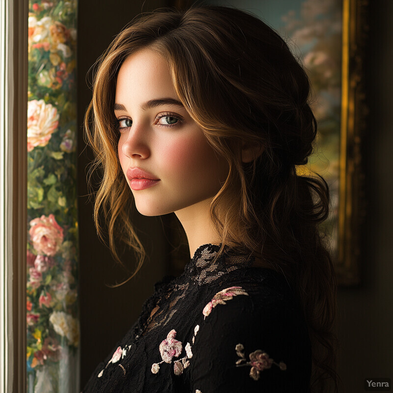 A young woman with blue eyes and long brown hair gazes out a window with floral wallpaper, wearing a black lace top with pink flowers.