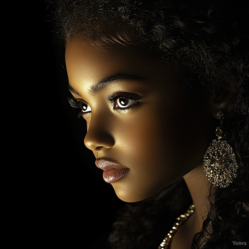 A young girl with dark brown skin is captured in a portrait with softbox lighting, highlighting her facial features and expression.