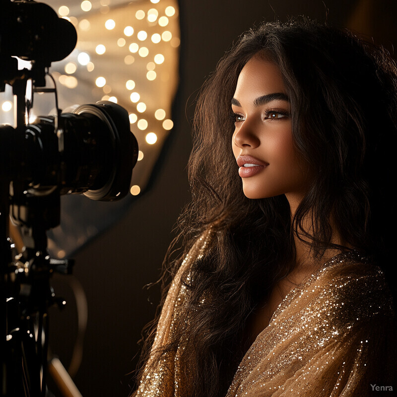 A woman poses for a photograph in a dimly lit studio setting, wearing a gold-colored dress with sequins.