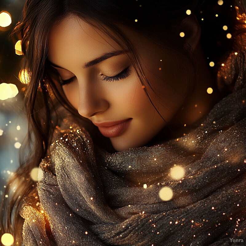 A woman with long brown hair and fair skin, wearing a sparkly scarf around her neck, lost in thought with a gentle smile on her face.