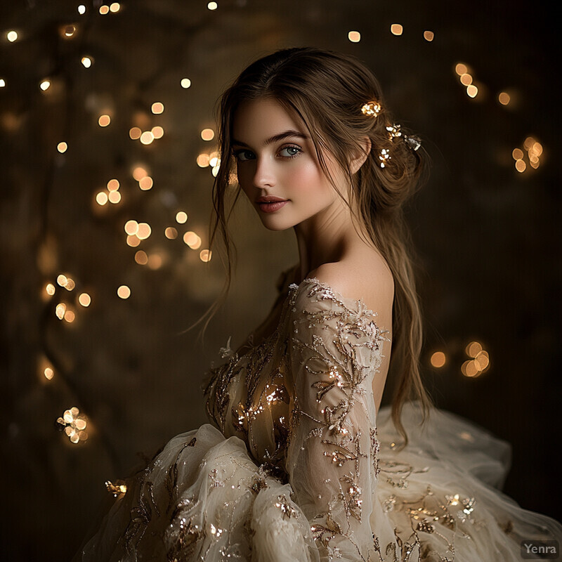 A woman in a beautiful white dress with gold embellishments, surrounded by a soft glow.