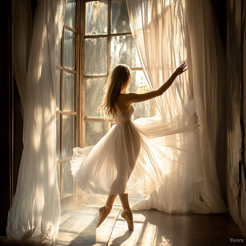 A young woman in a ballet pose, standing on her toes with one leg bent behind her and the other extended in front of her.