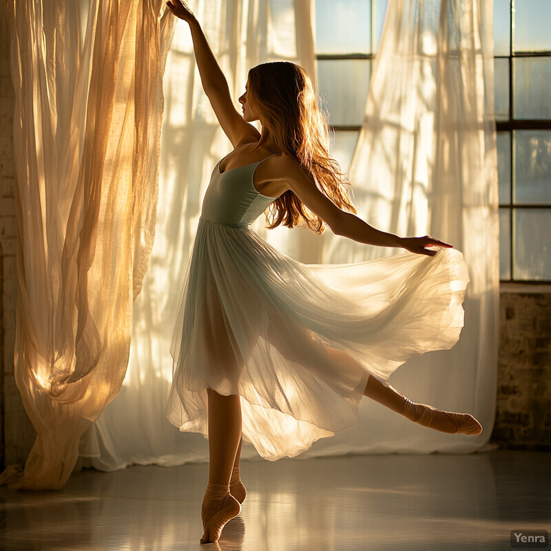 A young woman in a ballet pose, standing on her toes with one leg extended behind her and the other bent in front of her.