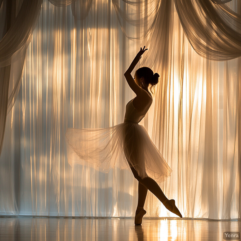 A ballerina in silhouette stands on pointe with her arms raised above her head, set against a soft, golden light background.