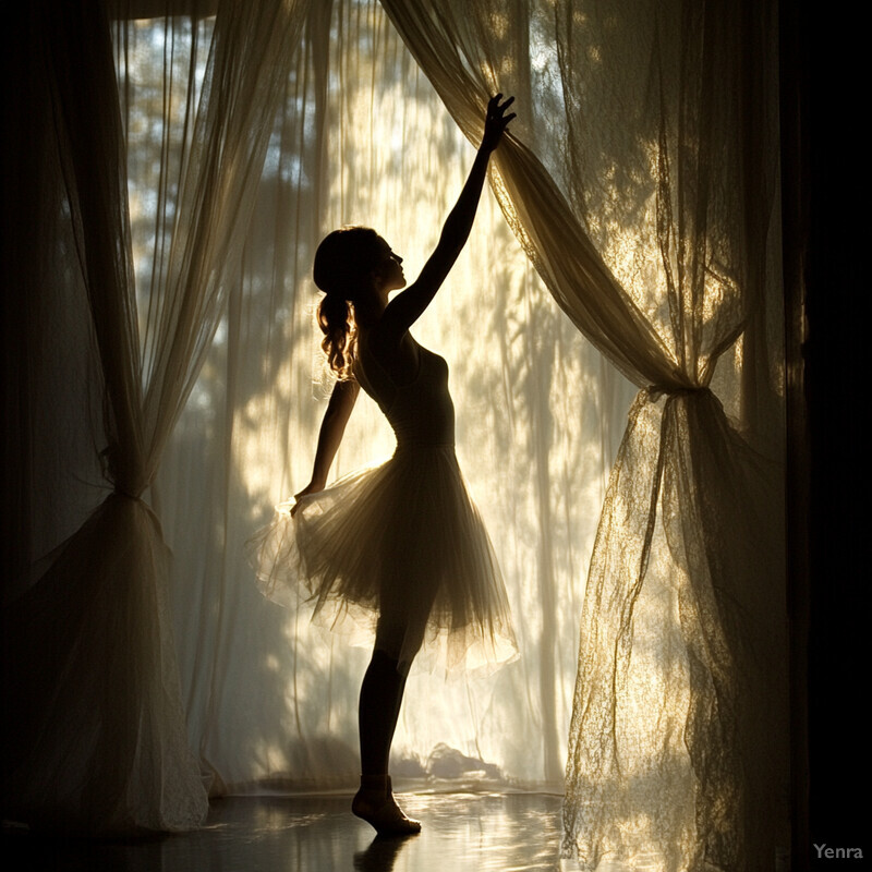 A silhouette of a ballerina standing in front of a window with sheer curtains, looking out at trees outside.