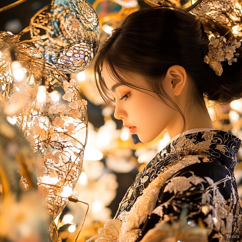 A young woman in a traditional Chinese cheongsam dress stands amidst vibrant lanterns, exuding refinement and poise.