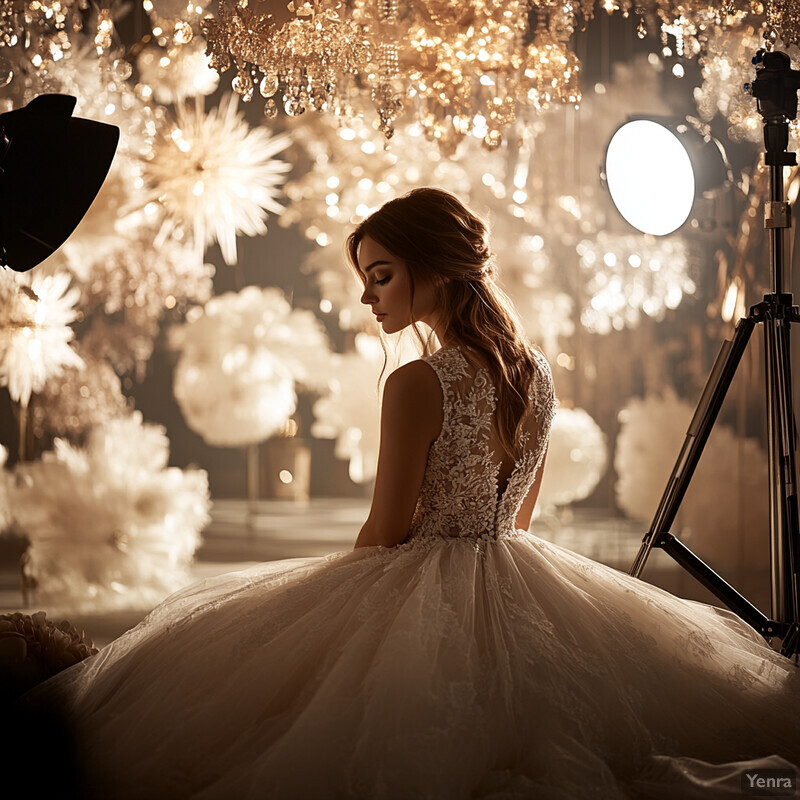 A woman in a white lace wedding dress poses for a photograph