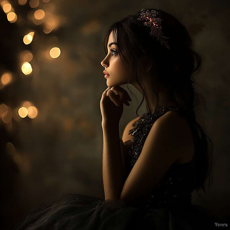 A woman with long dark hair, wearing a black dress and headpiece, gazes to her left in an indoor setting.