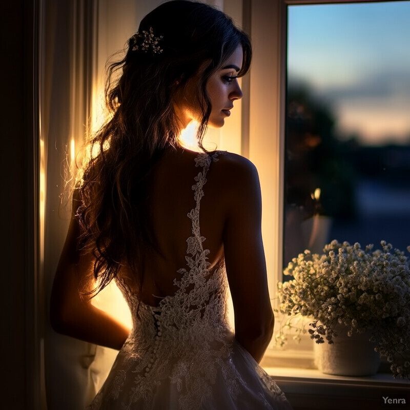 A woman in a wedding dress stands by a window, gazing out at the sunset.