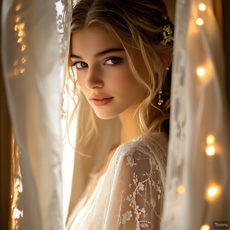 A young woman in a white wedding dress with lace sleeves and an updo adorned with flowers or greenery stands amidst a blurred natural setting, exuding elegance and sophistication.