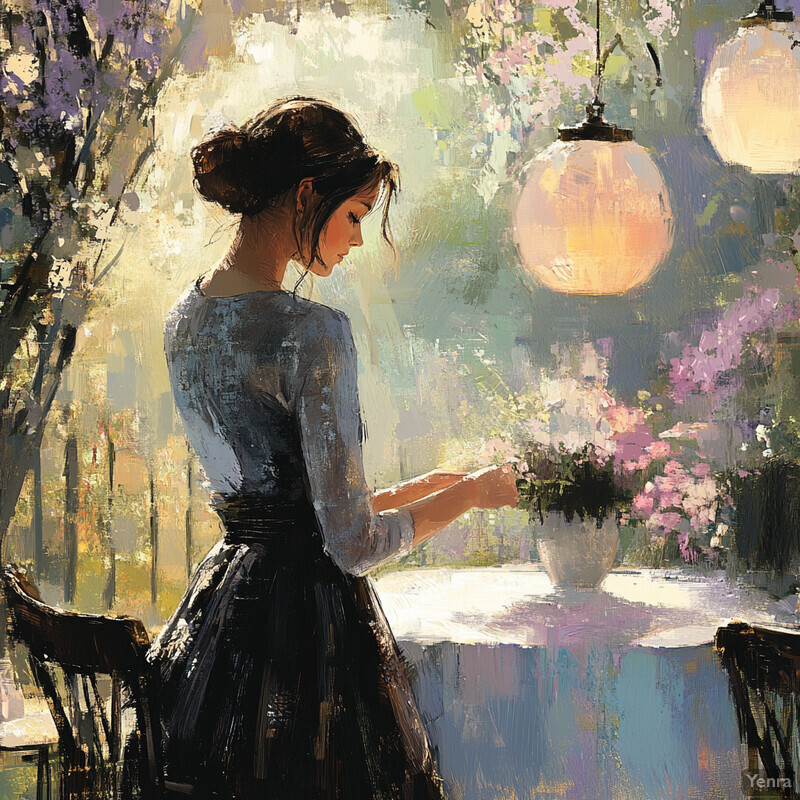 A serene and intimate scene of a woman standing in front of a table with flowers