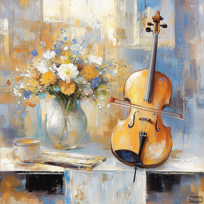 A serene still life scene featuring a cello, flowers, cup, and sheet music on a table, with an elegant and refined atmosphere.