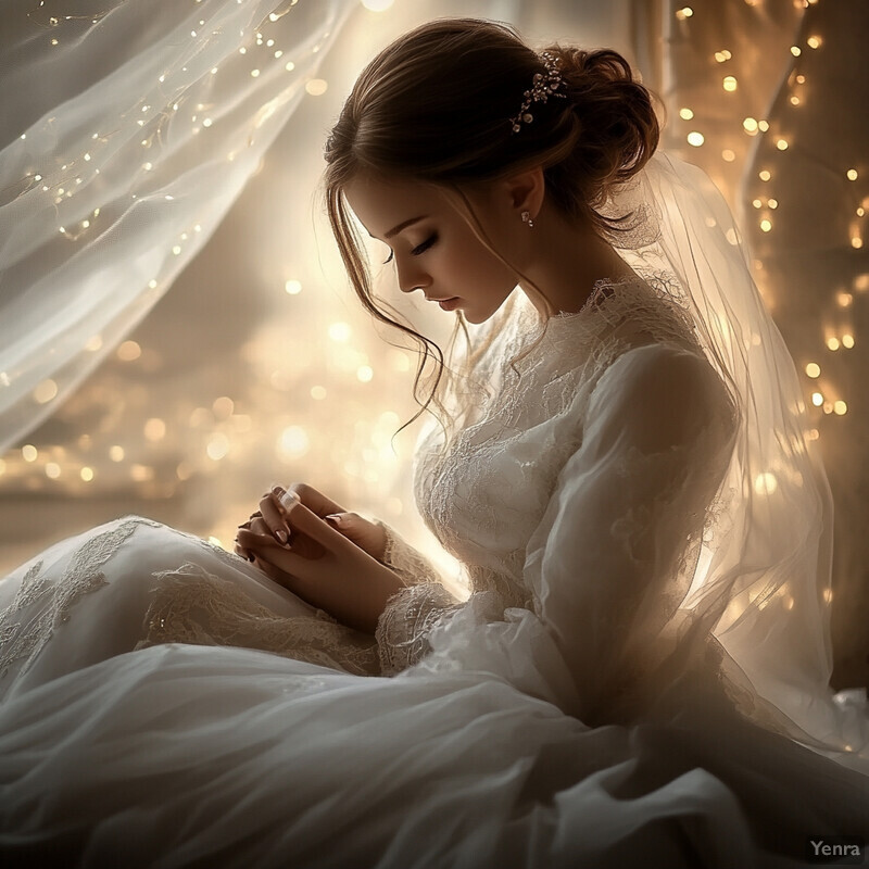 A woman in a wedding dress kneels and prays.