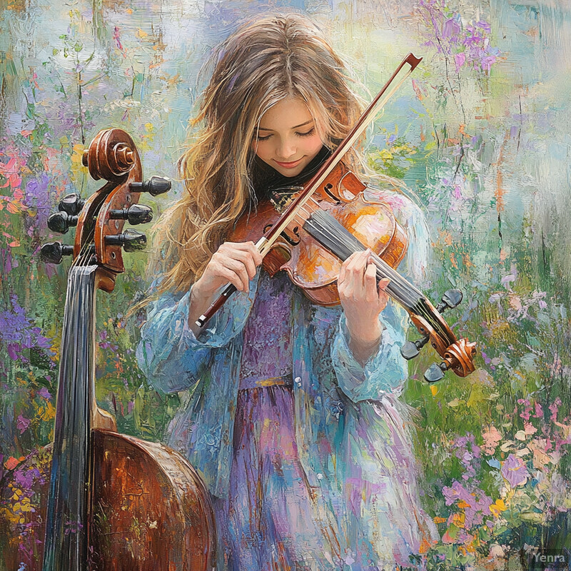 A young girl playing a violin in a field of wildflowers