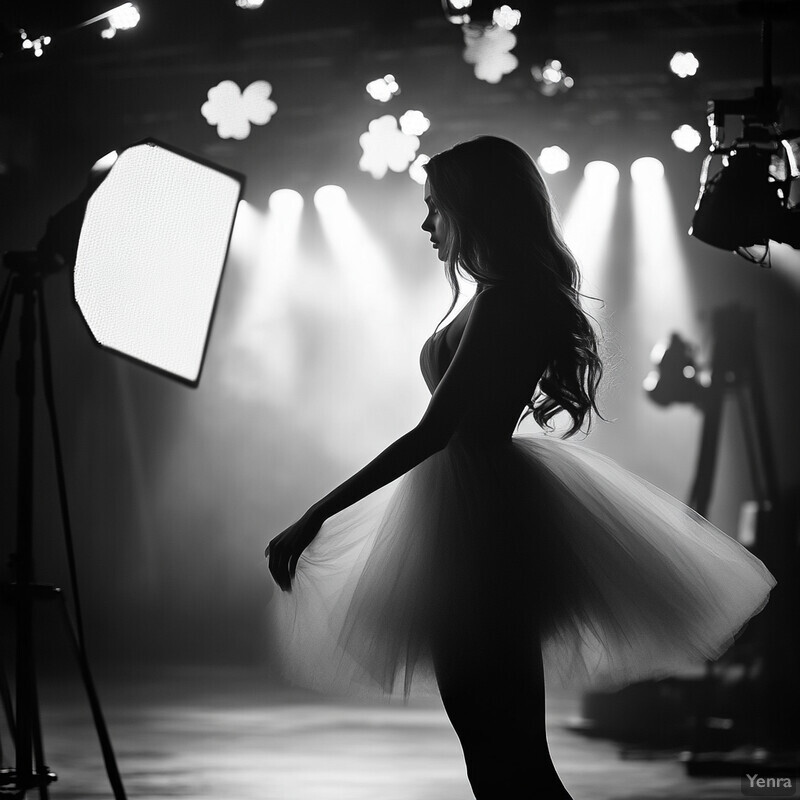 A woman in a short white dress poses in a studio setting