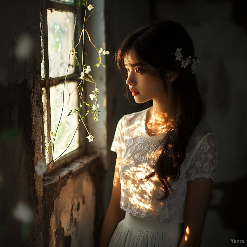 A young woman stands by a window, gazing out at the natural scenery beyond.