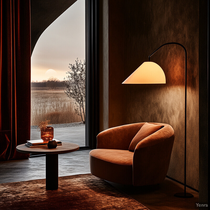 A serene living room with a large window offering a picturesque view of a field and trees in the distance.