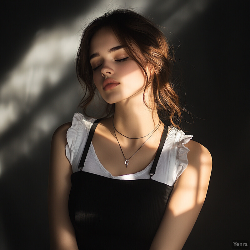 A young woman with long brown hair and closed eyes stands in front of a window, bathed in sunlight, wearing a black tank top layered over a white ruffled blouse and two necklaces.