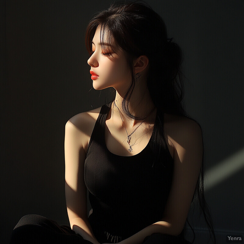 A young Asian woman in black attire sitting on the floor with her legs crossed