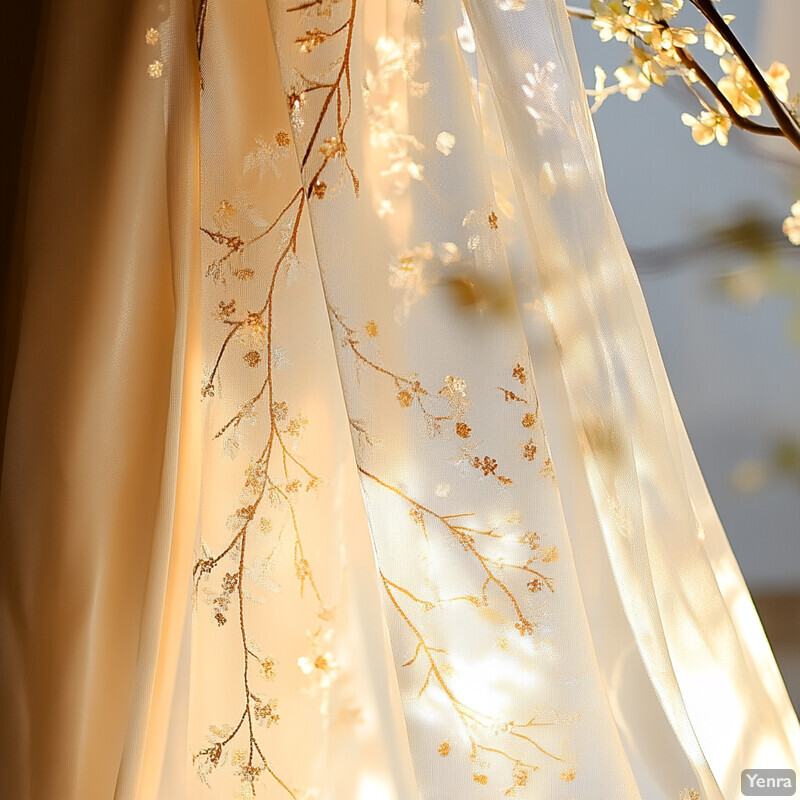 Close-up view of delicate sheer curtains with gold embroidery