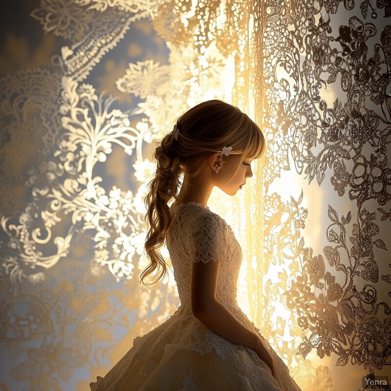 A young girl in a wedding dress stands in front of a lace-patterned wall, exuding elegance and romance.