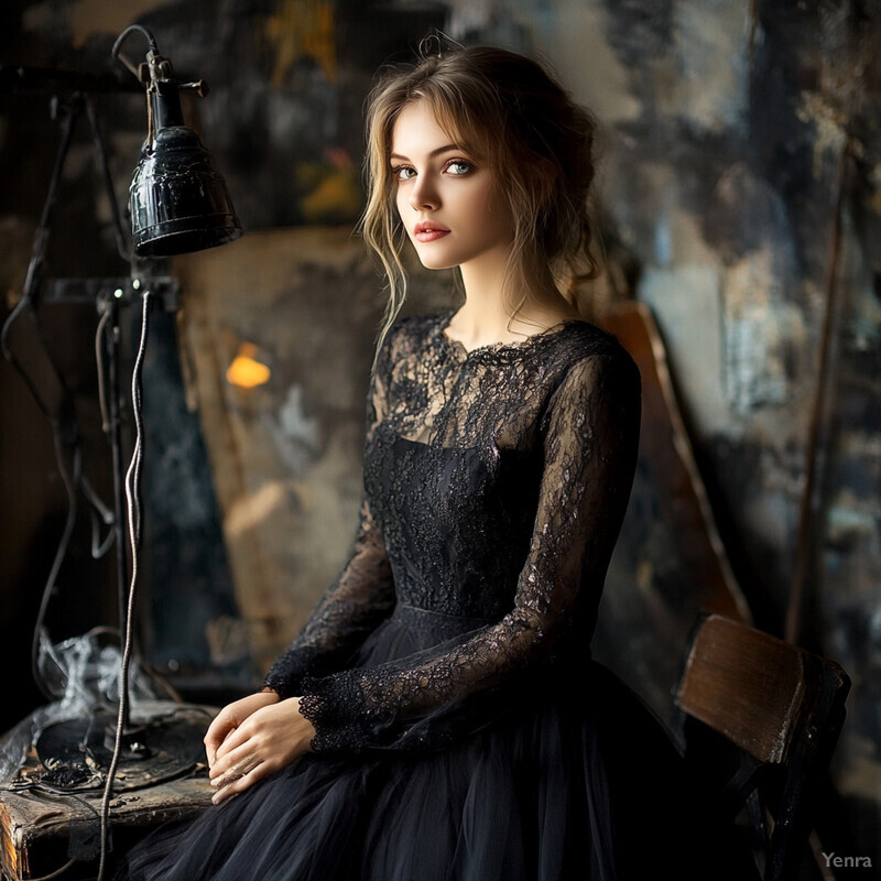 A young woman sits on an antique chair, wearing a black lace top and skirt, with a subtle expression and a warm, blurred background.