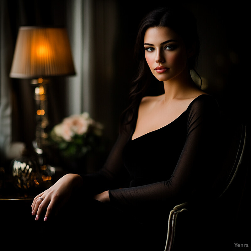 A woman sits elegantly in a chair, surrounded by warm lighting and decorative elements.