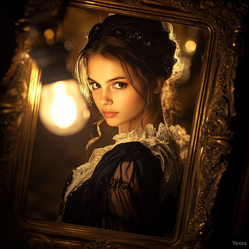 A young woman with fair skin and brown hair styled in an updo adorned with small black gems or beads, dressed in a dark blue velvet dress with lace trim around the neck, complemented by sheer sleeves, gazing directly at the viewer, suggesting a Victorian-era portrait or fashion shoot.