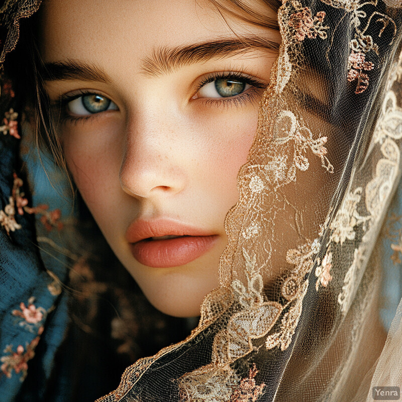 A young girl with striking features and an elegant veil draped over her face.