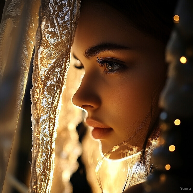 A young woman with fair skin and dark eyebrows gazes to the right, partially hidden by a lace curtain or veil.