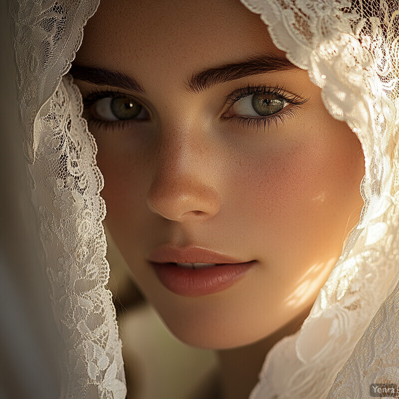 A woman with fair skin and downward-cast eyes is partially covered by a white lace veil with floral patterns.