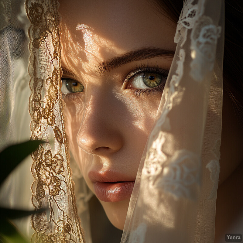 A woman with fair skin and brown hair wears a white lace veil, gazing downward in a formal setting.