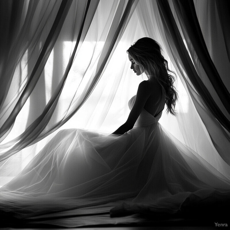 A woman in a wedding dress sits on a bed surrounded by sheer curtains and natural light.