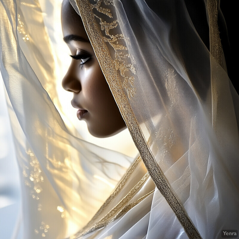 A woman with dark skin and brown eyes, dressed in white attire with gold embroidery, poses in front of a blurred background.