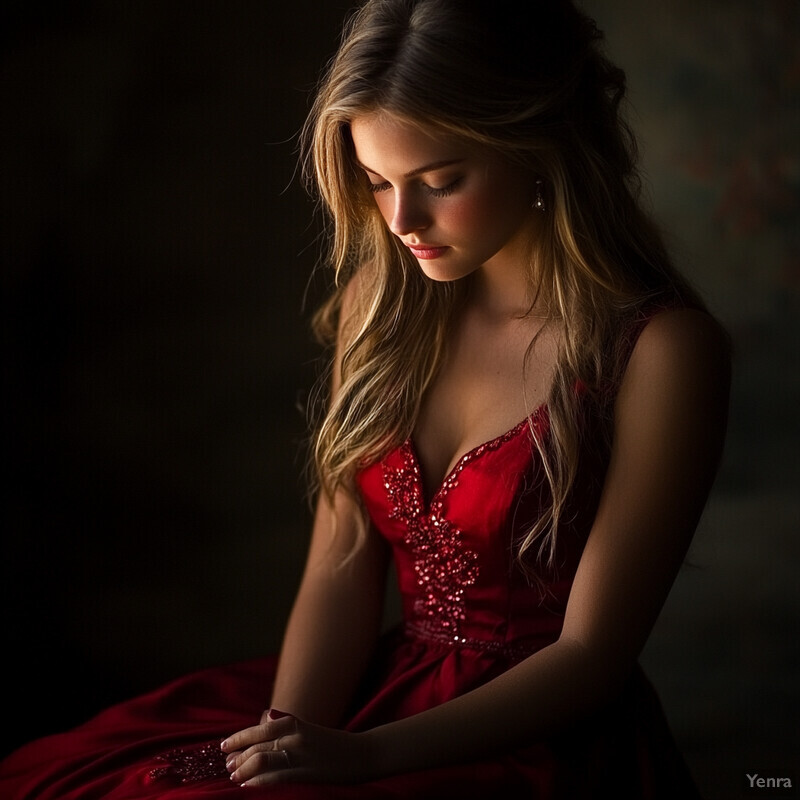 A young woman in a striking red formal dress with beading and sequins, posing confidently against a dark background.