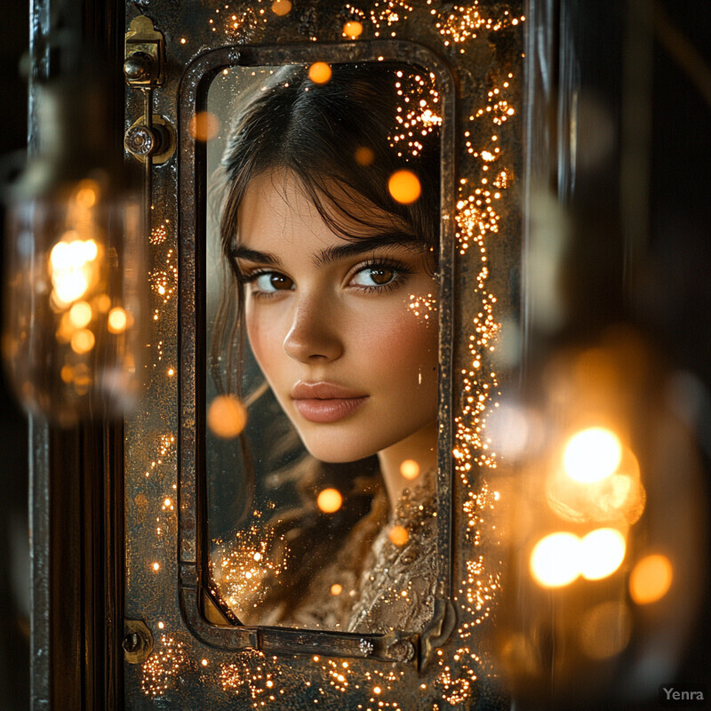 A young woman with fair skin and brown hair poses through an ornate metal door's window