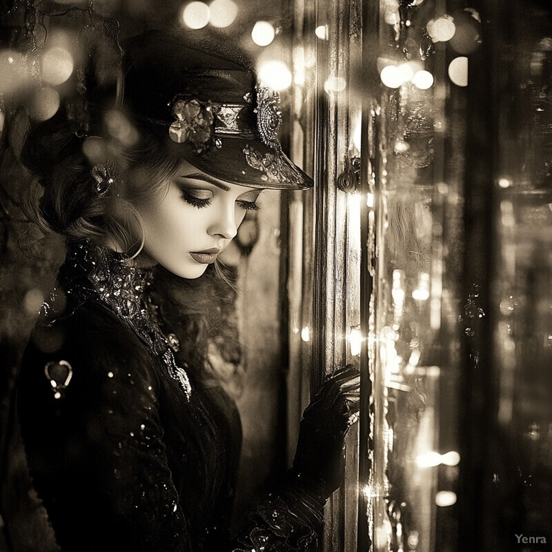 A woman in Victorian attire gazes downward, surrounded by a subtle patterned wallpaper.