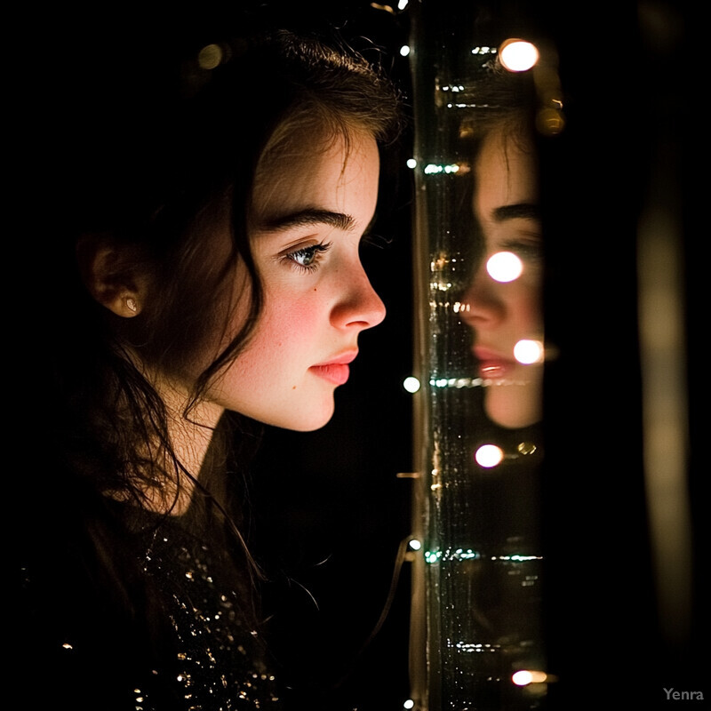 A young woman gazes into a mirror adorned with string lights, lost in thought as she prepares for an evening out.