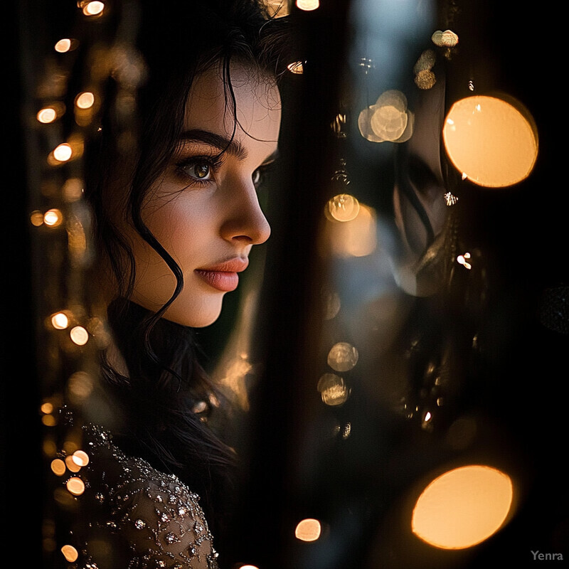 A woman in a black dress stands in front of a blurred background, her gaze directed towards the right side of the frame, exuding introspection or contemplation.