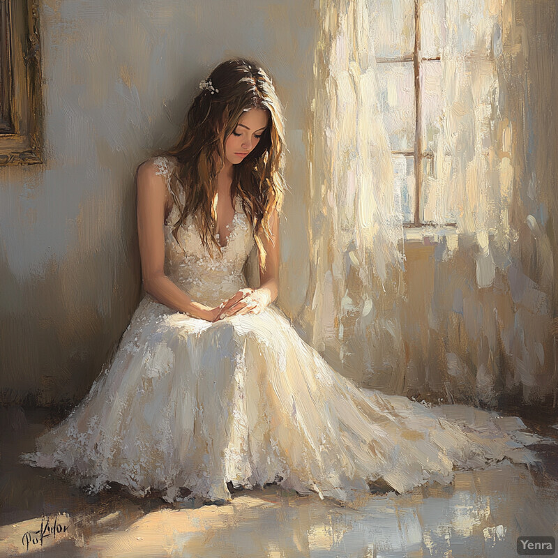 A woman sits by a window in a white wedding dress, surrounded by natural light and serenity.