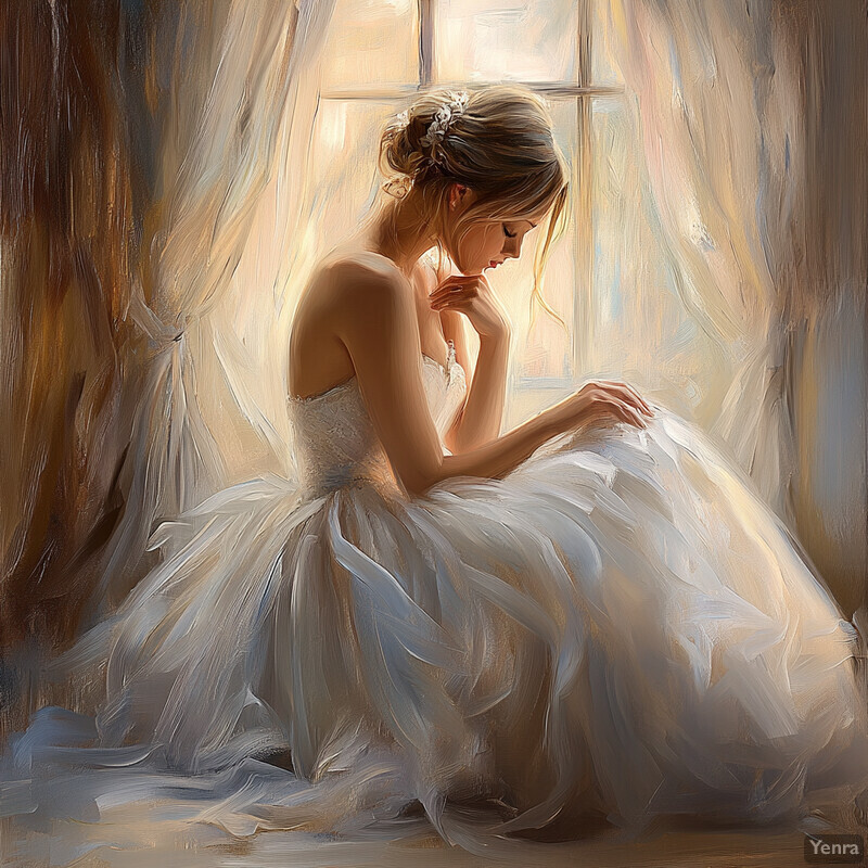 A woman sits by a window, lost in thought, wearing a beautiful white ball gown.