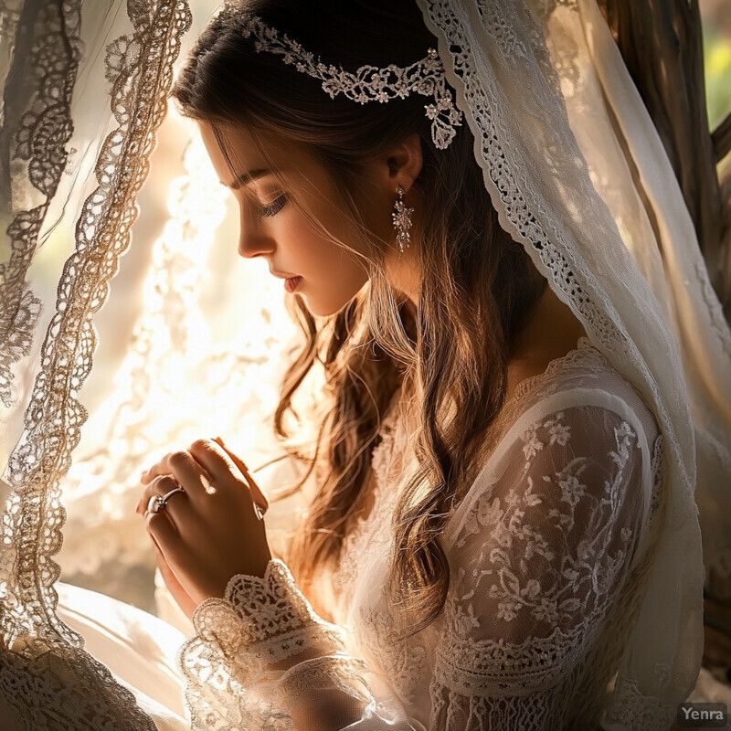 A woman in a white wedding dress holds her hands together in front of her, surrounded by natural light and an outdoor setting.